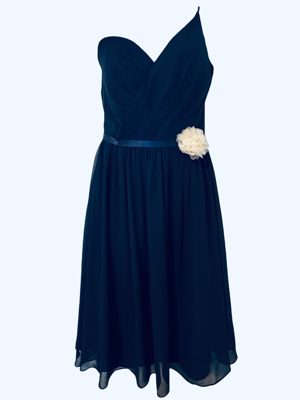 One-Shoulder Navy Chiffon Cocktail Dress w/ Floral Accent